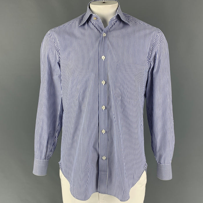 KITON Size M White Navy Stripe Cotton Long Sleeve Shirt