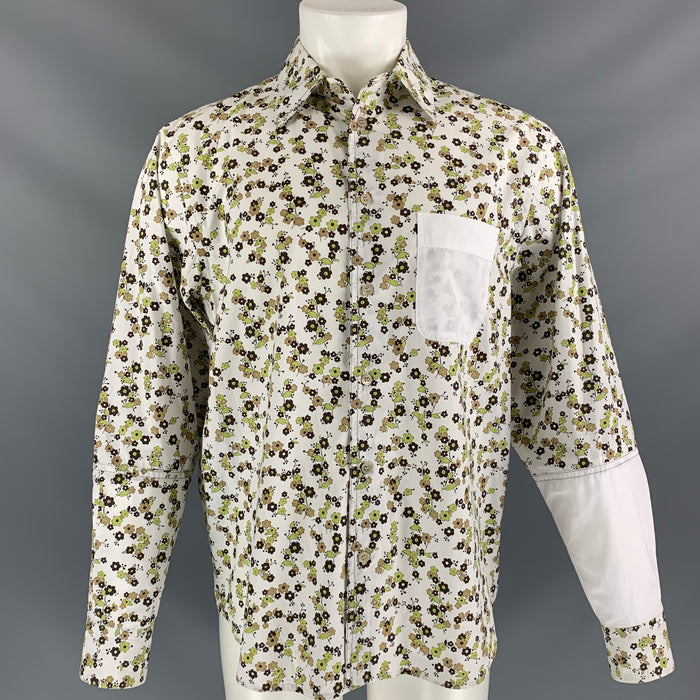 MARNI Size S White Brown Mixed Fabrics Cotton Button Up Long Sleeve Shirt