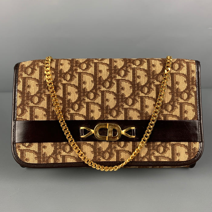 Vintage CHRISTIAN DIOR Brown Beige Monogram Canvas Leather Handbag