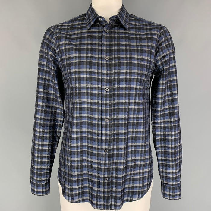 LOUIS VUITTON Size XL Blue Black Grey Plaid Silk Button Up Long Sleeve Shirt