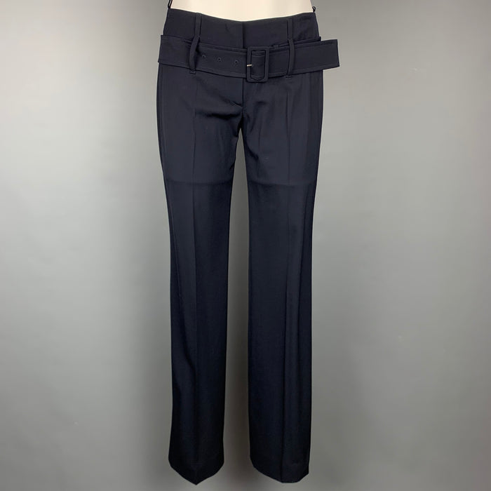 PRADA Size 2 Navy Virgin Wool Belted Pleated Dress Pants