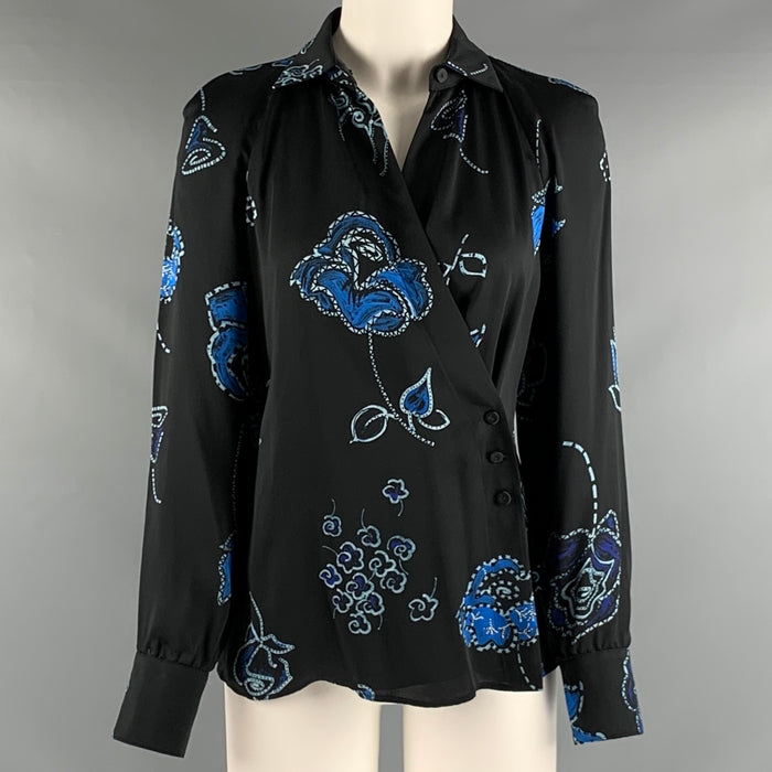 EMPORIO ARMANI Size 2 Black Blue Viscose Floral Blouson Casual Top
