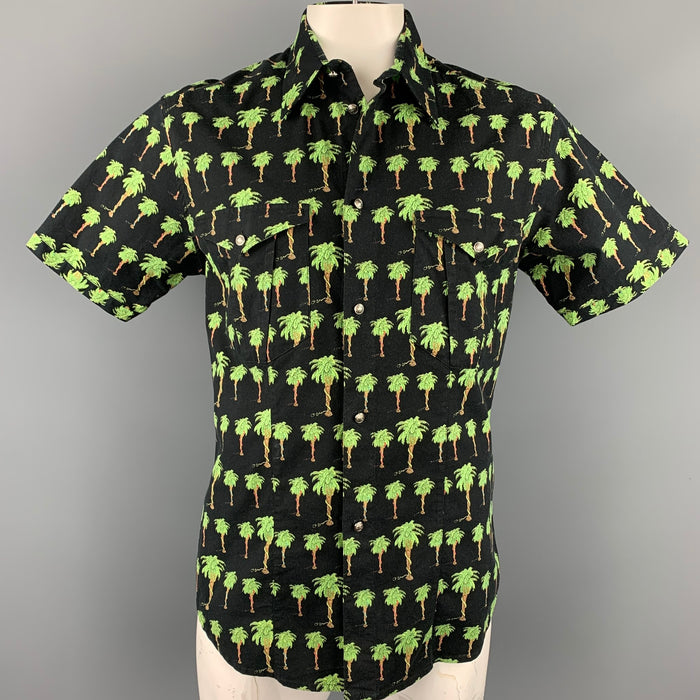 VERSACE JEANS COUTURE Size XXL Black & Green Palm Tree Print Cotton Blend Short Sleeve Shirt