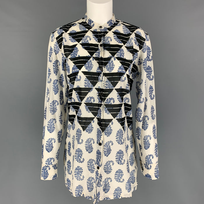 DRIES VAN NOTEN Size 4 Blue White Black Cotton Nehru Collar Blouse