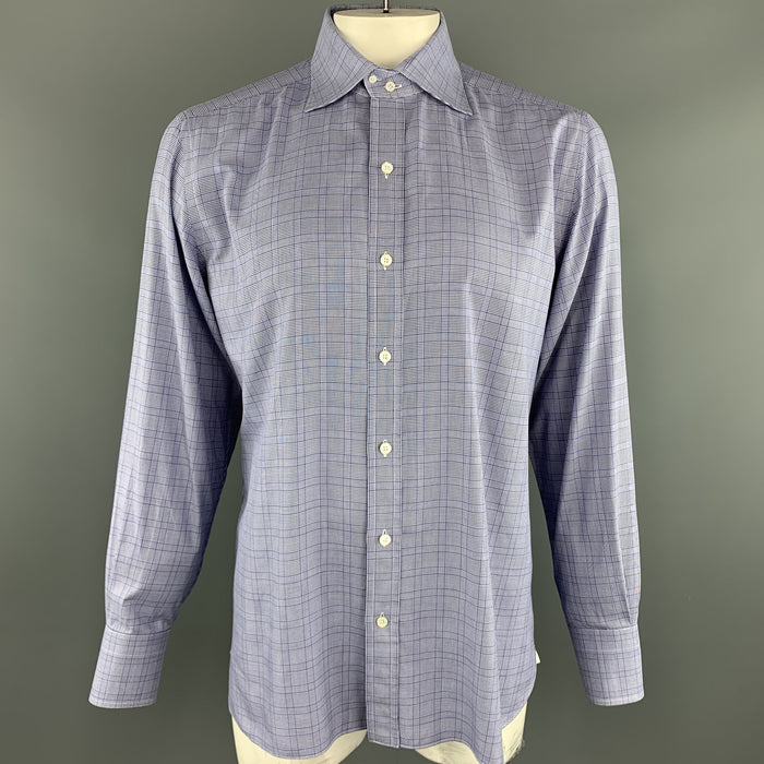 TOM FORD Size XL Navy Glenplaid Cotton Button Up Long Sleeve Shirt