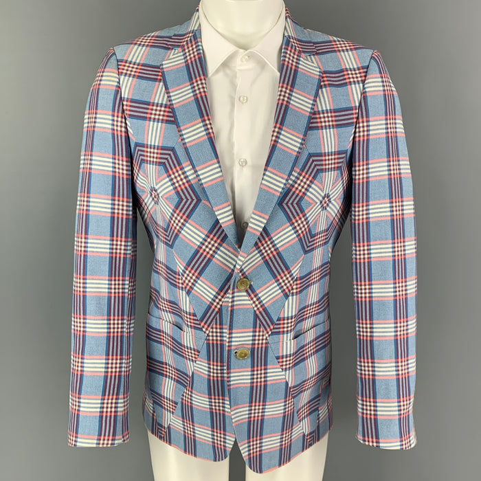 WALTER VAN BEIRENDONCK Spring 2017 Size 38 Blue White & Red Plaid Cotton Sport Coat