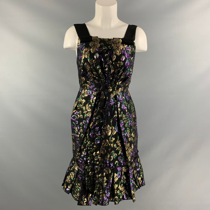 MARC JACOBS Size 2 Black, Gold & Purple Jacquard Cotton Blend Cocktail Dress