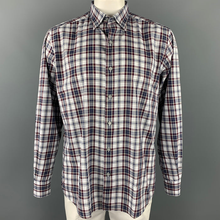 ERMENEGILDO ZEGNA Size XL White & Navy Plaid Cotton Long Sleeve Shirt
