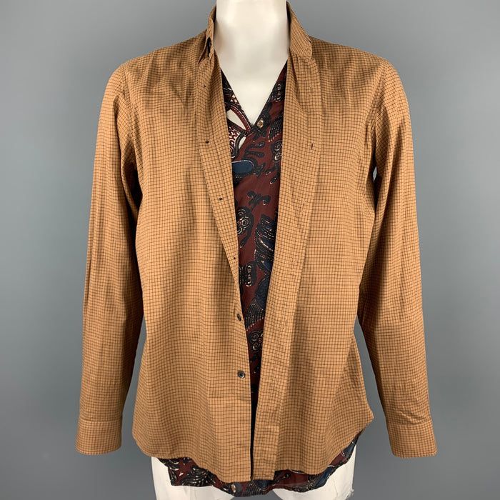 DRIES VAN NOTEN Size L Tan Window Pane Cotton / Cupro Vest Wrap Layered Long Sleeve Shirt