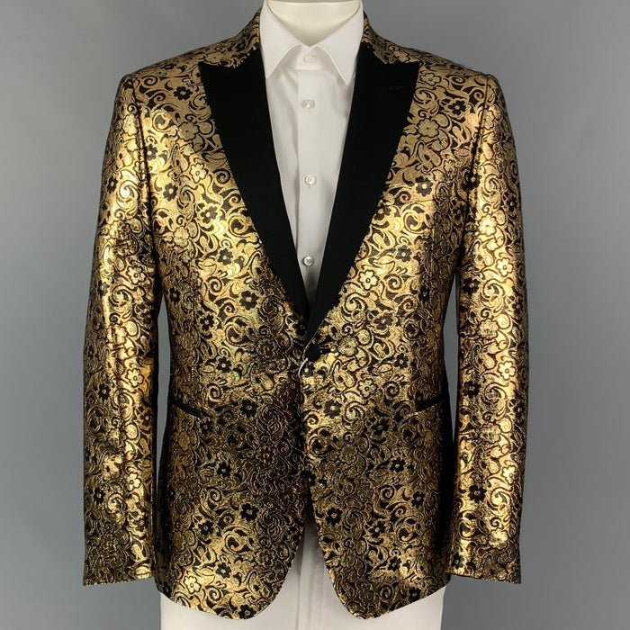 MICHAEL KORS Size 46 Black Gold Jacquard Polyester Peak Lapel Sport Coat