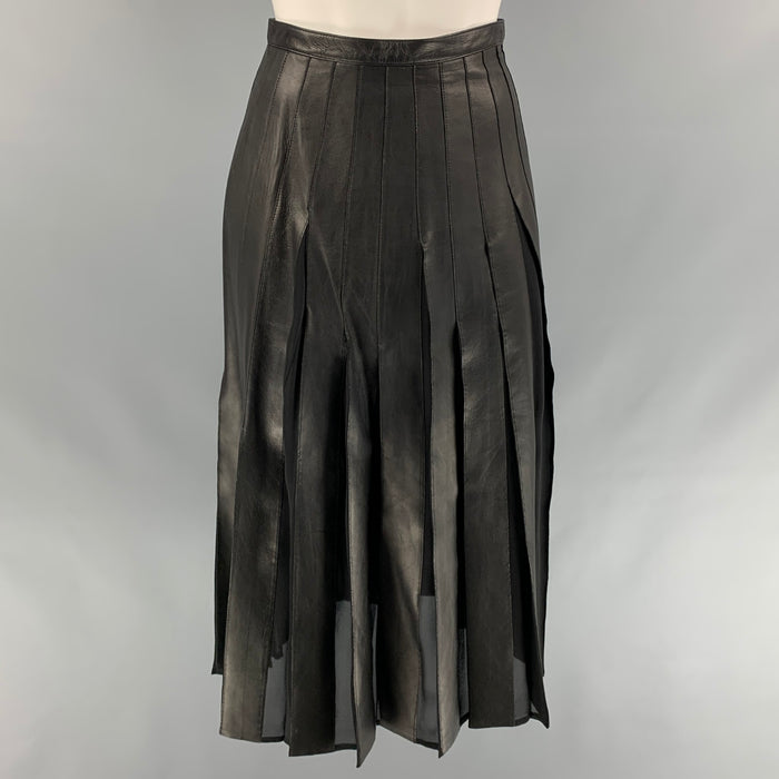 BURBERRY LONDON Size 2 Black Silk Mixed Fabrics Pleated Mid-Calf Skirt