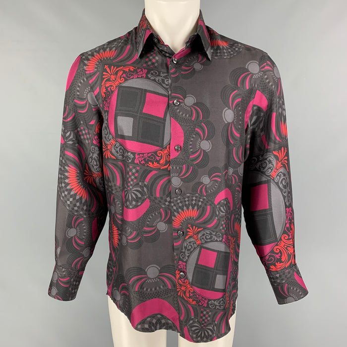 VERSACE COLLECTION Size S Dark Gray Magenta Print Silk Long Sleeve Shirt
