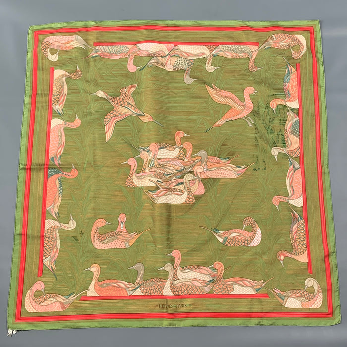 HERMES LA MARE AUX CANARDS Green Pink Print Silk Scarf