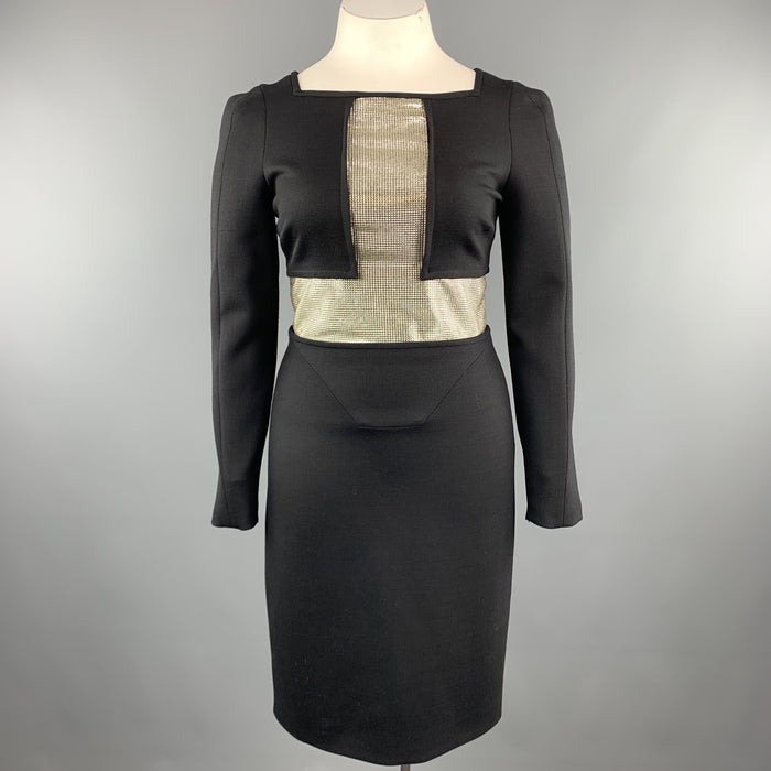 VERSACE Size 8 Black Long Sleeve Silver Chainmail Cross Cocktail Dress