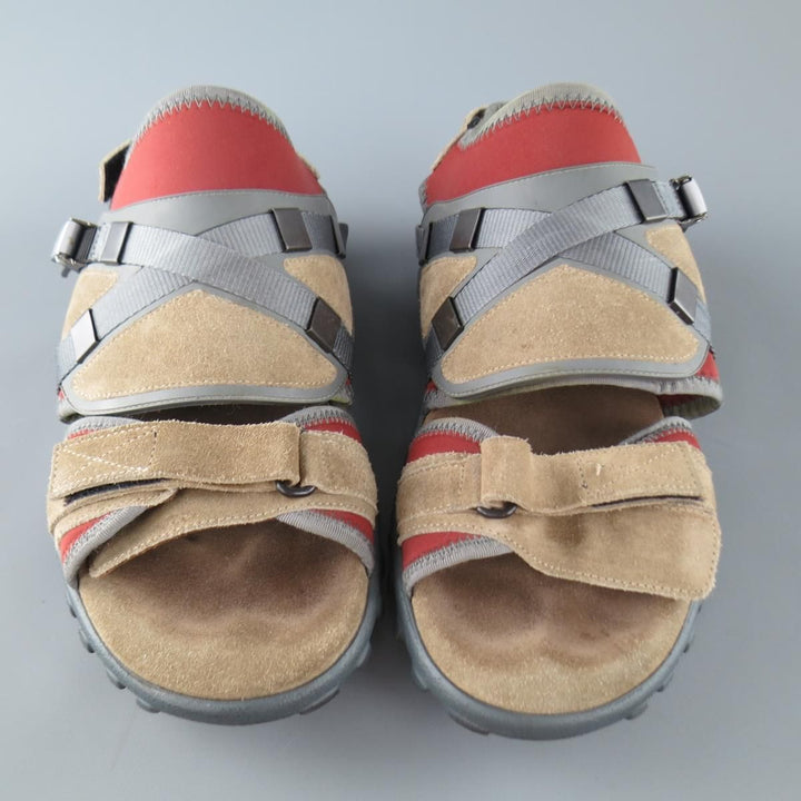 LANVIN Size US 10 Beige & Red Neoprene & Suede Hybrid Strap Sandals