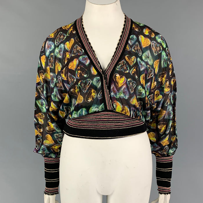 ROBERTO CAVALLI Size 8 Multi-Color Heart Print Silk Blend Long Sleeve Casual Top