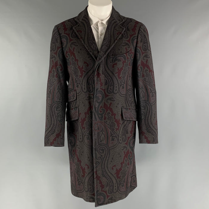 ETRO Size 40 Grey Burgundy Paisley Wool Polyamide Coat