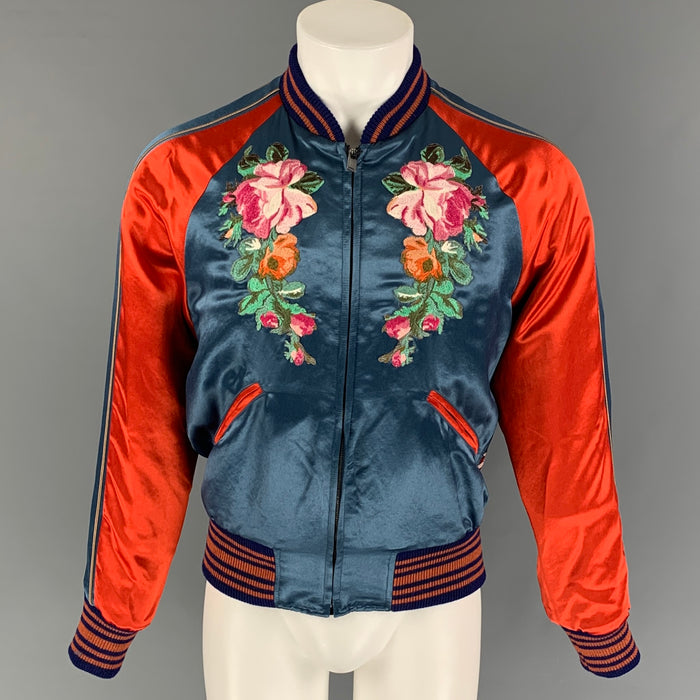 GUCCI Size 34 Multi-Color Floral & Koi Carp Embroidery Satin Varsity Bomber Jacket