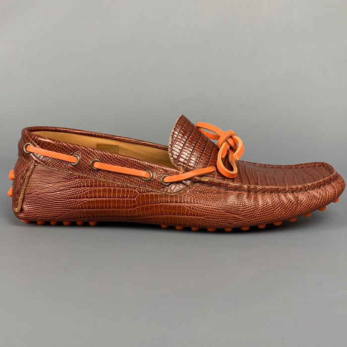 ETRO Size 8 Cognac Embossed Leather Drivers Loafers