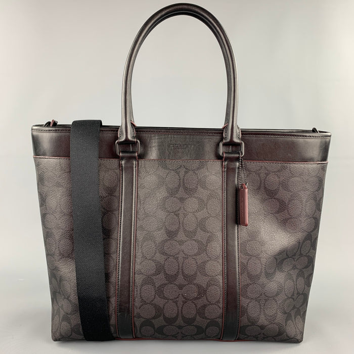 COACH Black Leather Monogram Canvas Tote Bag