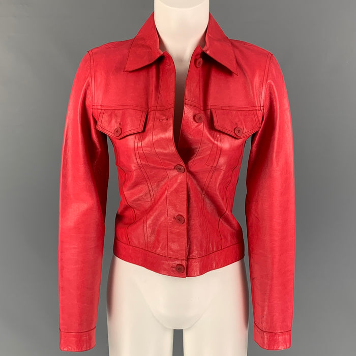 JIL SANDER Size 6 Red Leather Trucker Jacket