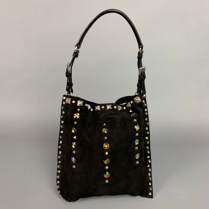 PRADA Black Suede Embellished Rhinestones Evening Handbag
