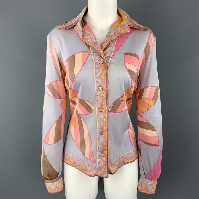EMILIO PUCCI Vintage Size 10 Grey & Pink Floral Print Silk Blend Blouse