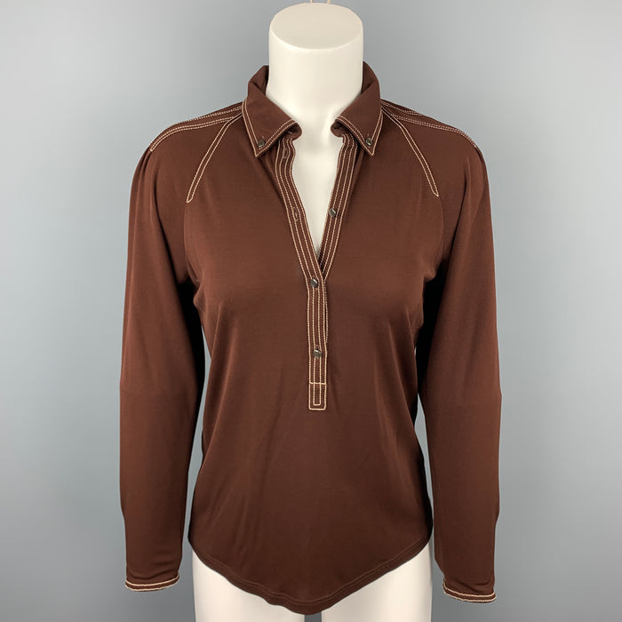 HERMES Size 6 Brown Jersey Contrast Stitch Blouse
