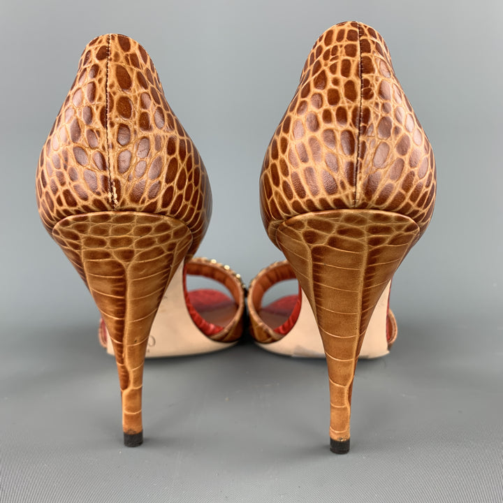 OSCAR DE LA RENTA Size 10 Brown Alligator Embossed Leather Chain Strap D'orsay Pumps