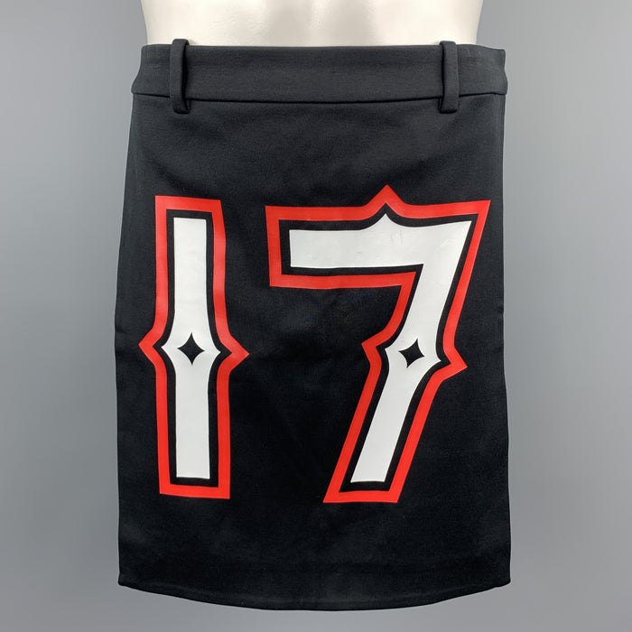 GIVENCHY Spring 2014 Size 28 Black "17" Graphic Polyester Apron Skirt