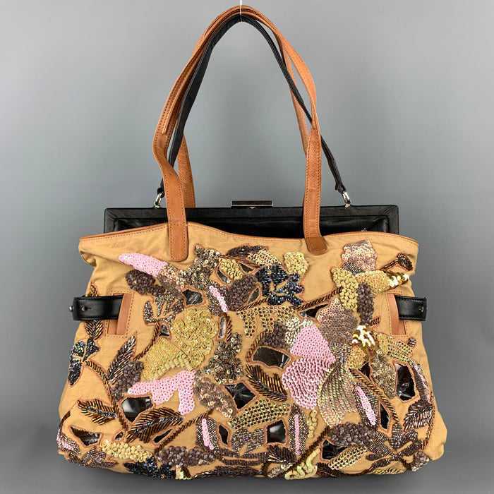 DRIES VAN NOTEN Tan Embroidered Detachable Black Leather Shoulder Combo Handbag-Clutch