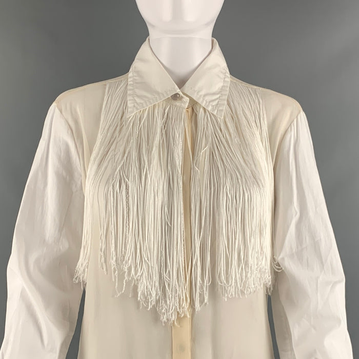 VIKTOR & ROLF Talla 6 Blusa con botones y flecos de algodón beige blanco