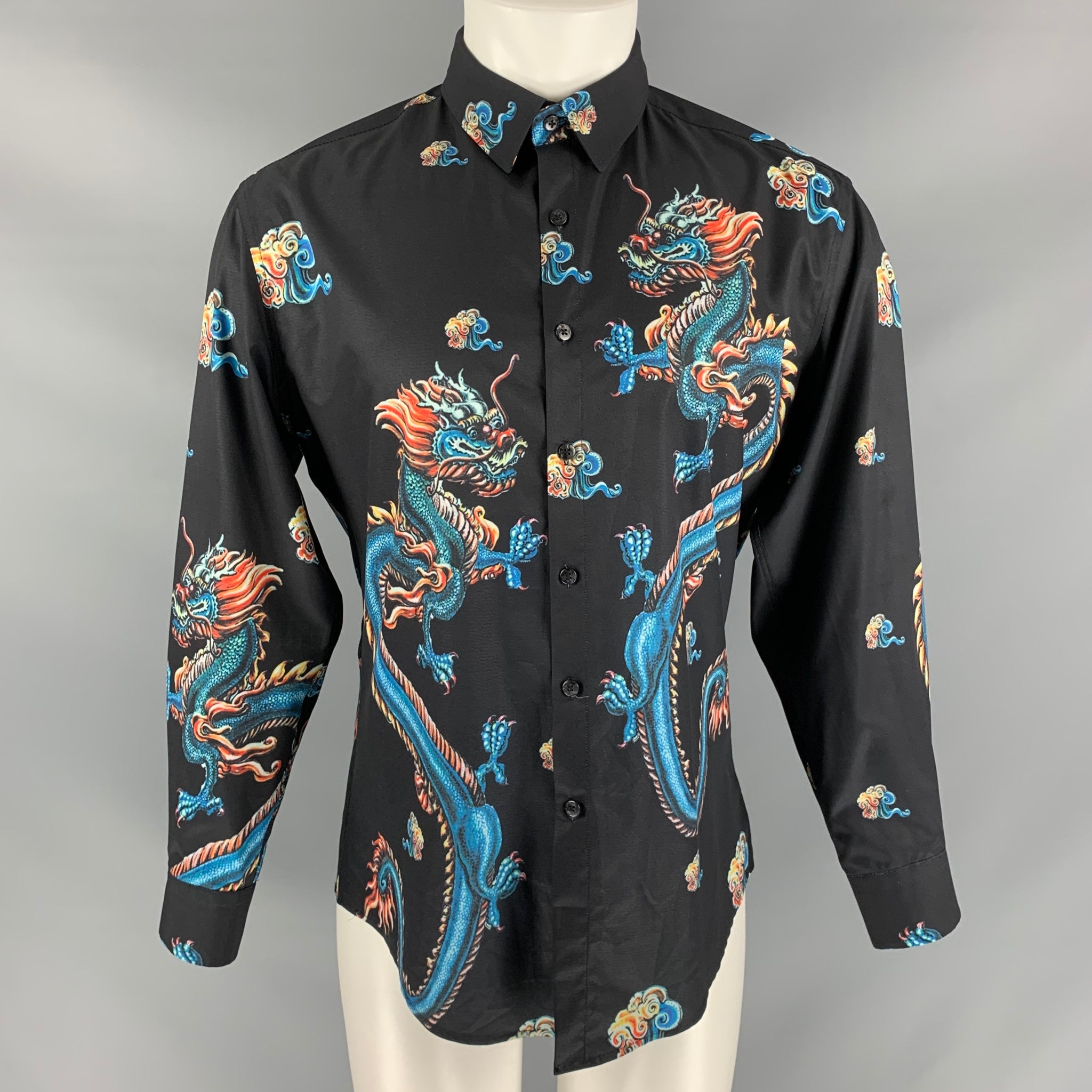 VALESIDEN Size 42 Black Multicolour Dragon Print Button Down Long Sleeve Shirt