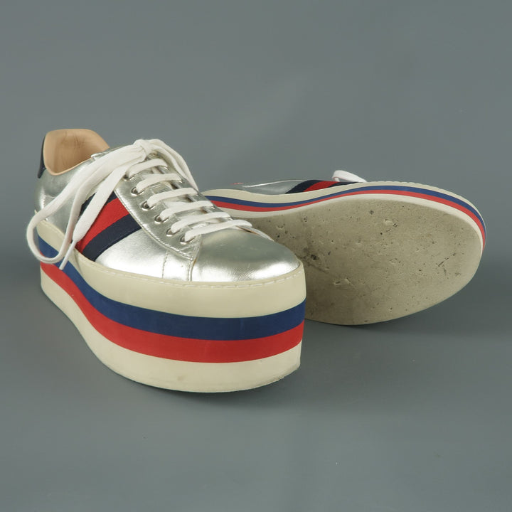 GUCCI US 8 / UK 7 Silver Metallic Leather Striped Platform Sneakers