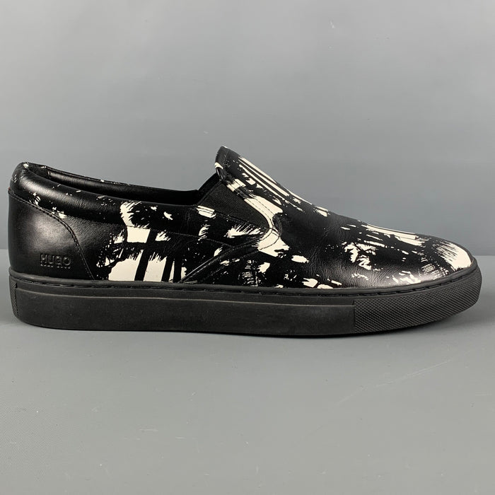 HUGO BOSS Size 10 Black White Print Leather Sneakers