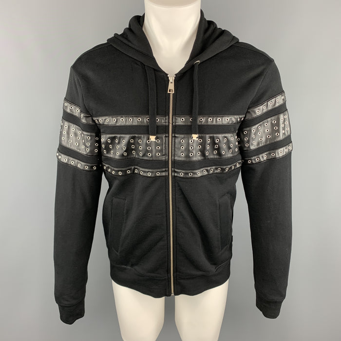 JUST CAVALLI Size S Black Cotton Grommets Leather Trim Hoodie Jacket
