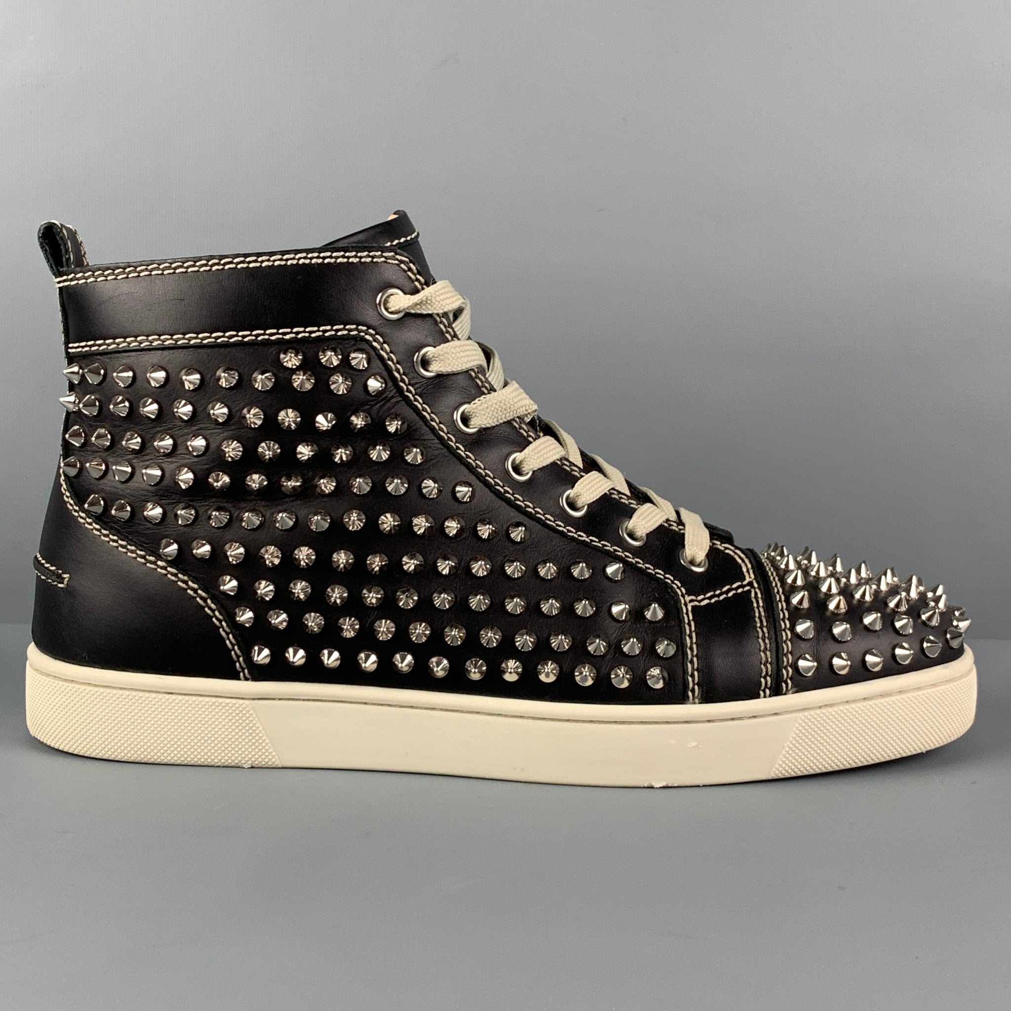 CHRISTIAN LOUBOUTIN Size 10 Black White Leather Louis All Over Spikes High  Top Sneakers