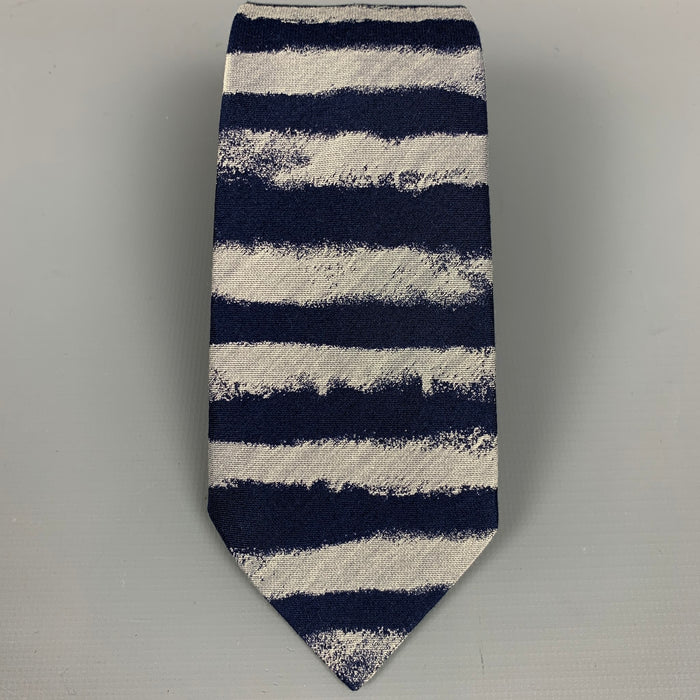 ALEXANDER MCQUEEN Navy & Grey Cotton / Silk Stripe Narrow Tie