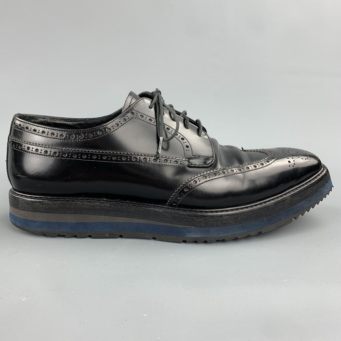 PRADA Size 10.5 Black Perforated Leather Platform Lace Up Shoes