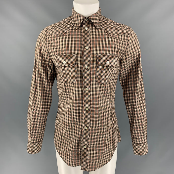 D&G by DOLCE & GABBANA Brad Talla 40 Camisa de manga larga a cuadros marrón, blanca y roja