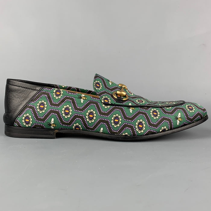 GUCCI Brixton Size 9 Green & Black Bee Print Canvas Slip On Loafers