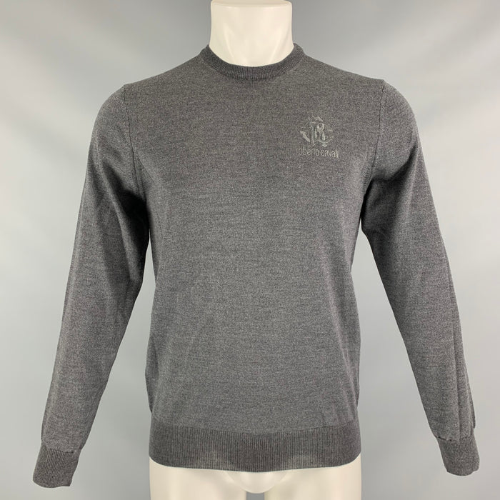ROBERTO CAVALLI Size M Grey Embroidery Wool Crew-Neck Pullover