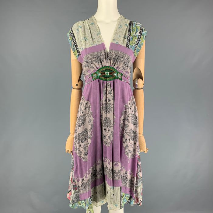 ETRO Size 4 Purple & Green Silk Mixed Patterns Sleeveless Dress
