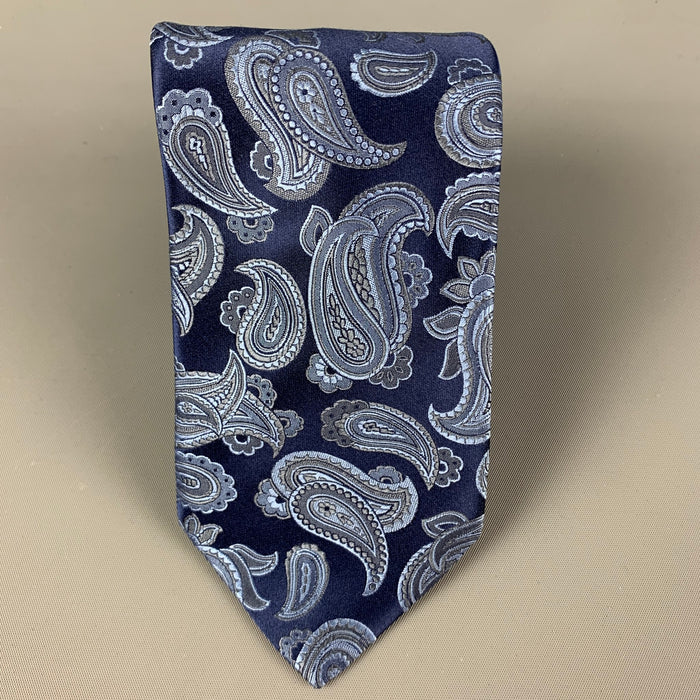 BRIONI Navy Blue Paisley Silk Satin Tie