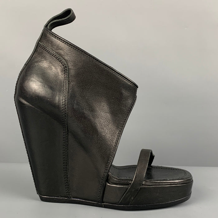 RICK OWENS Size 10 Black Leather Open Toe Wedge Boots