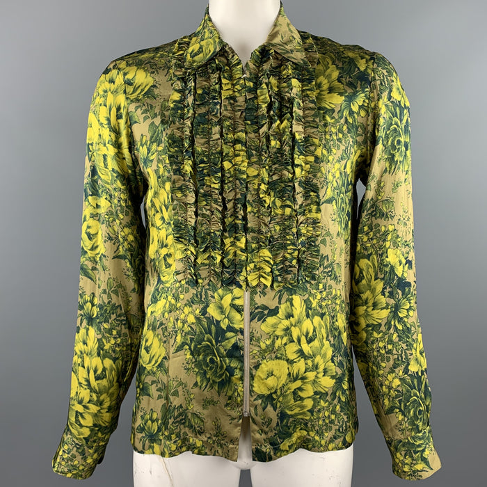 DRIES VAN NOTEN S/S 2020 Size L Green Print Viscose Zip Up Long Sleeve Shirt