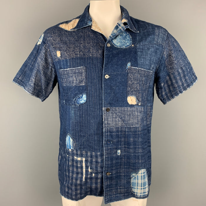 KAPITAL Size XL Indigo Blue Patchwork Cotton / Linen Short Sleeve Shirt
