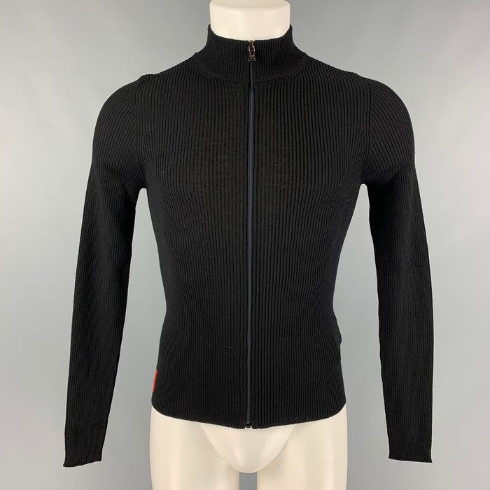 PRADA Size S Black Ribbed Wool Zip Up Cardigan