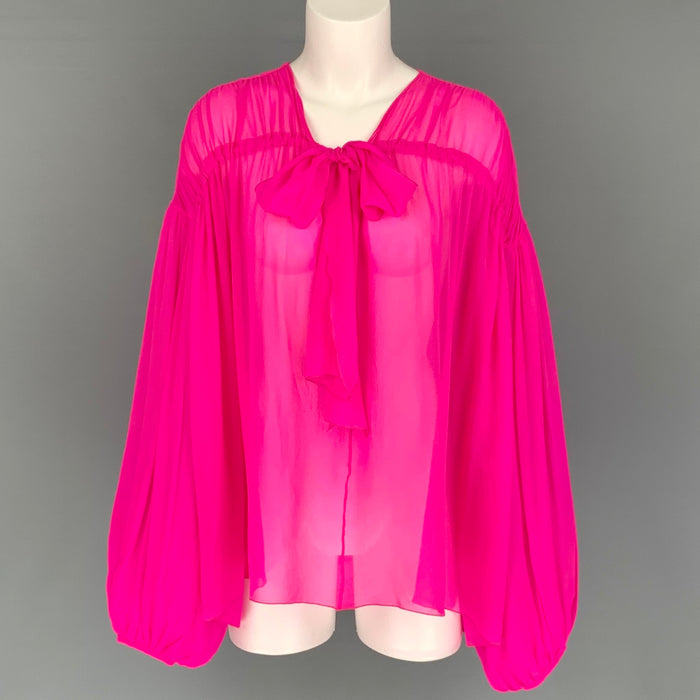GIAMBATTISTA VALLI Size L Pink Silk See Through Bow Blouse