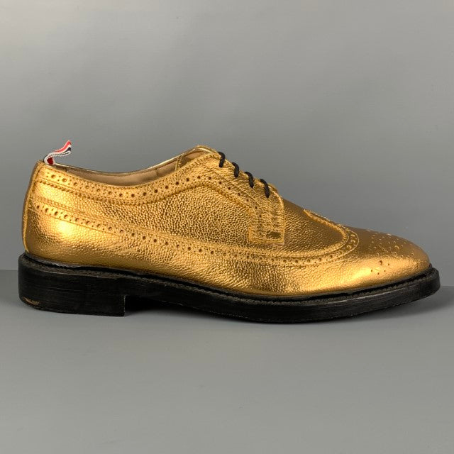 THOM BROWNE Size 10 Gold Perforated Leather Wingtip Lace Up Shoes Sui Generis Designer Consignment THOM BROWNE Size 10 Gold Perforated Leather Wingtip Lace Up Shoes Sui Generis Designer Consignment